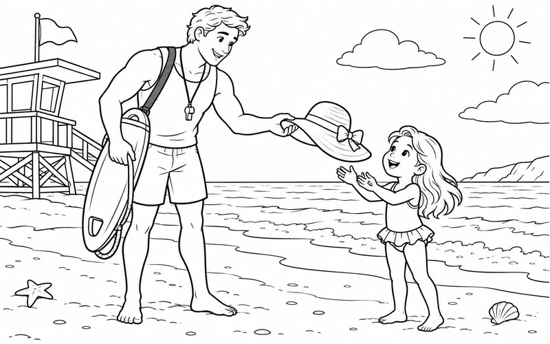 Tranh tô màu nhân viên cứu hộ bãi biển đưa mũ che nắng cho bé
