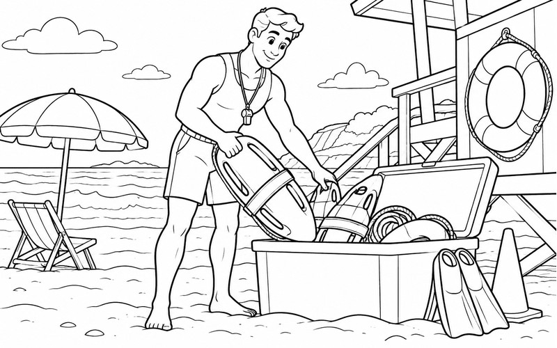 Tranh tô màu nhân viên cứu hộ bãi biển xếp gọn thiết bị