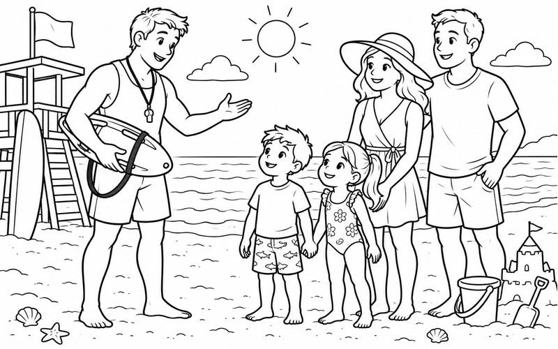 Tranh tô màu nhân viên cứu hộ bãi biển nhắc các bé đi cùng cha mẹ