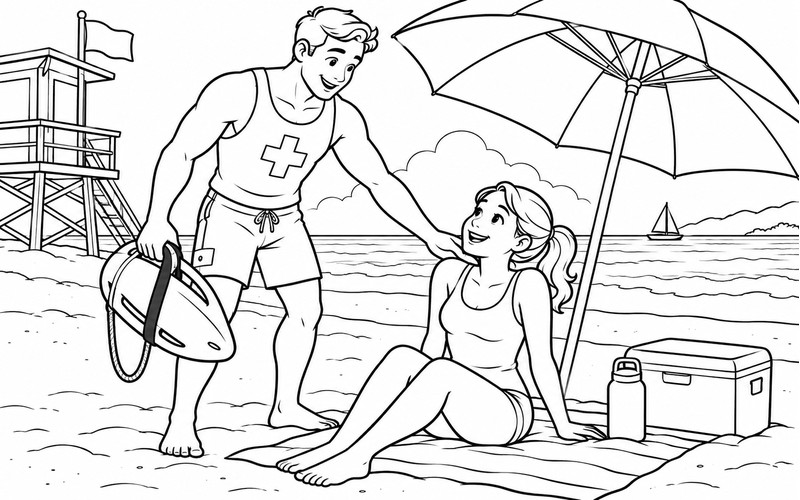 Tranh tô màu nhân viên cứu hộ bãi biển giúp người nghỉ trong bóng mát