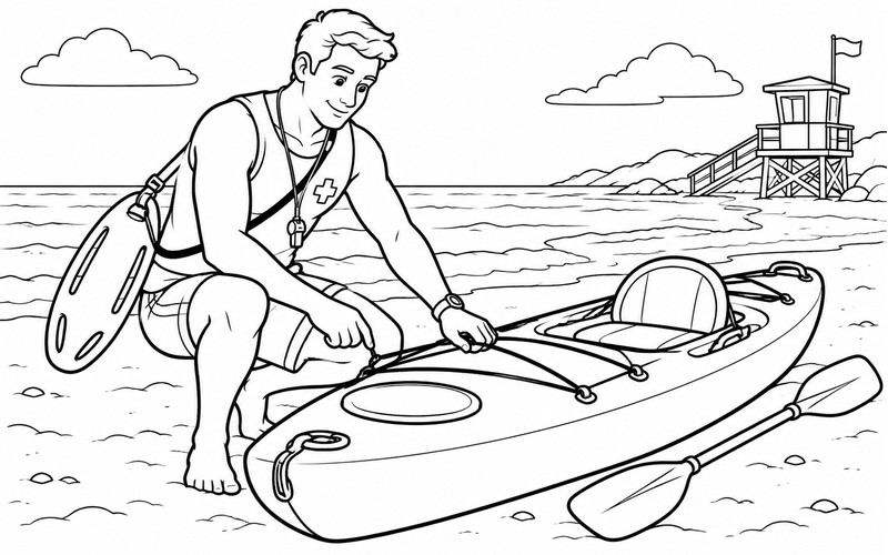 Tranh tô màu nhân viên cứu hộ bãi biển kiểm tra thuyền kayak