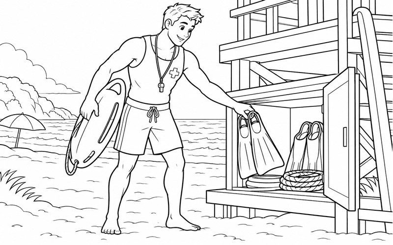 Tranh tô màu nhân viên cứu hộ bãi biển cất chân vịt
