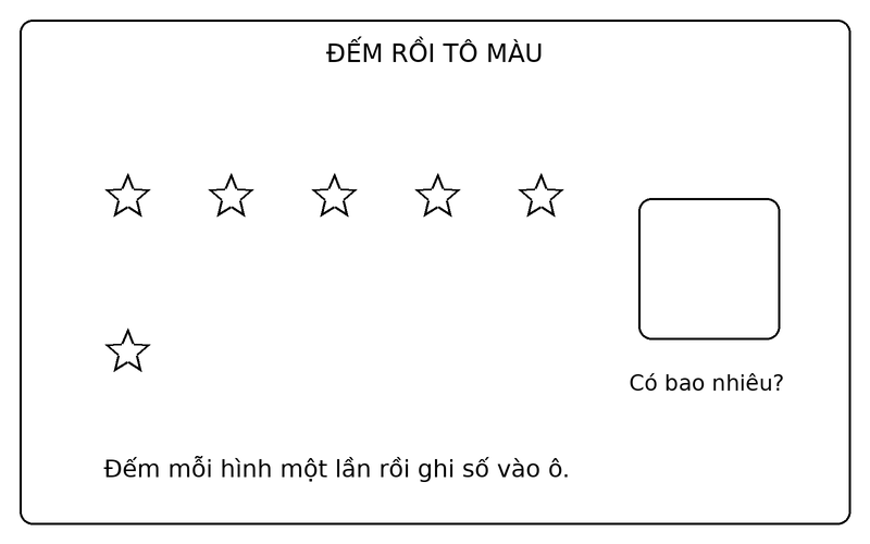 Tranh tô màu đếm số lượng đồ vật: đếm 6 ngôi sao và điền số lượng vào ô trống
