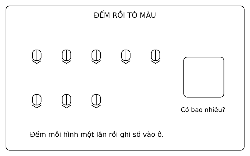 Tranh tô màu đếm số lượng đồ vật: đếm 8 bút chì và điền số lượng vào ô trống