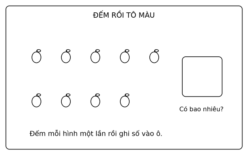 Tranh tô màu đếm số lượng đồ vật: đếm 9 quả táo và điền số lượng vào ô trống