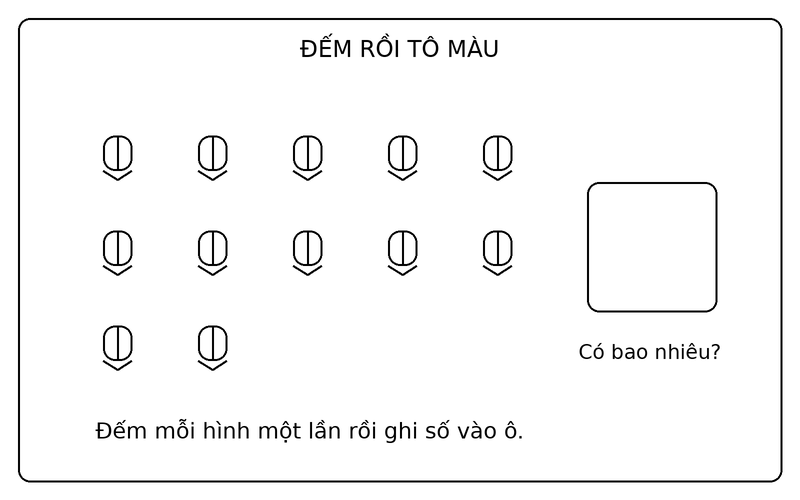 Tranh tô màu đếm số lượng đồ vật: đếm 12 bút chì và điền số lượng vào ô trống