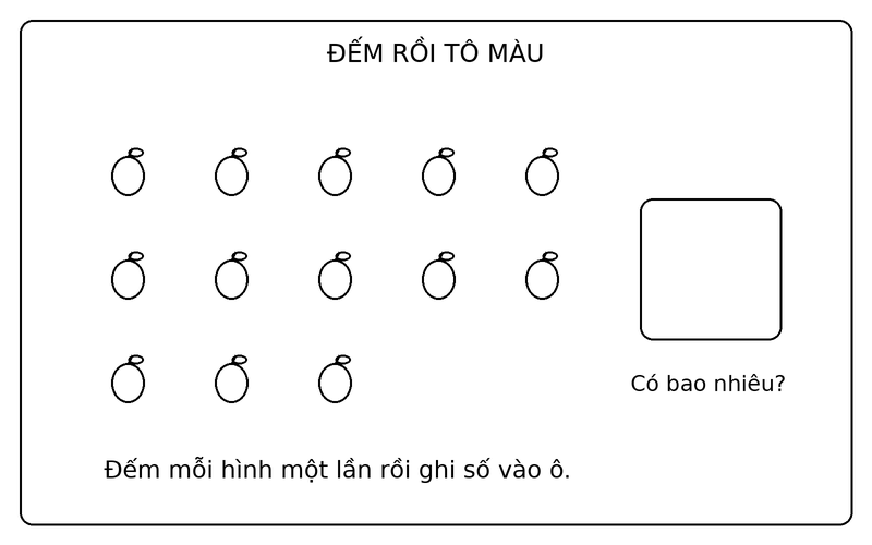 Tranh tô màu đếm số lượng đồ vật: đếm 13 quả táo và điền số lượng vào ô trống