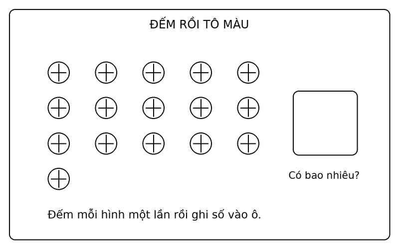Tranh tô màu đếm số lượng đồ vật: đếm 16 quả bóng và điền số lượng vào ô trống