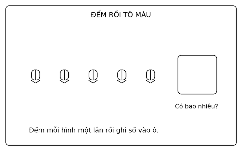 Tranh tô màu đếm số lượng đồ vật: đếm 5 bút chì và điền số lượng vào ô trống