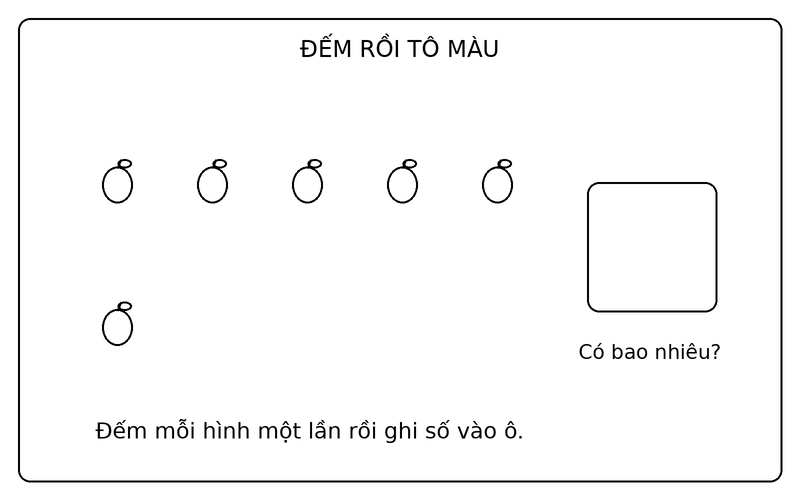 Tranh tô màu đếm số lượng đồ vật: đếm 6 quả táo và điền số lượng vào ô trống