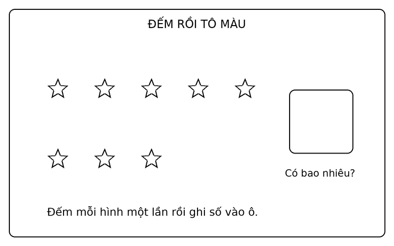 Tranh tô màu đếm số lượng đồ vật: đếm 8 ngôi sao và điền số lượng vào ô trống