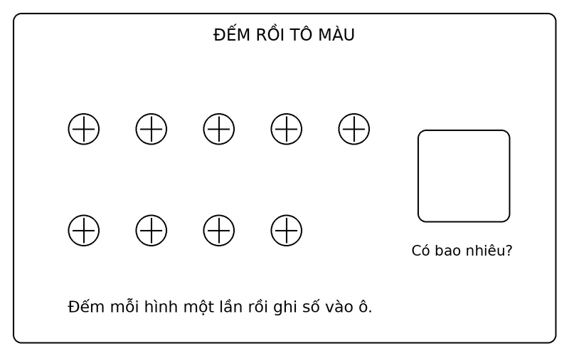 Tranh tô màu đếm số lượng đồ vật: đếm 9 quả bóng và điền số lượng vào ô trống