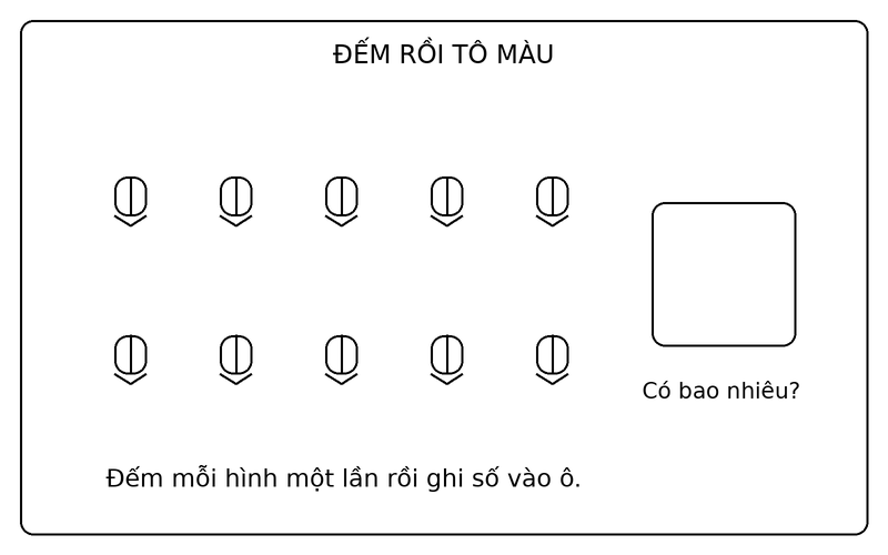 Tranh tô màu đếm số lượng đồ vật: đếm 10 bút chì và điền số lượng vào ô trống