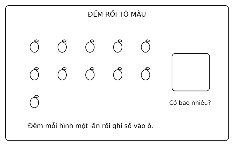 Tranh tô màu đếm số lượng đồ vật: đếm 11 quả táo và điền số lượng vào ô trống