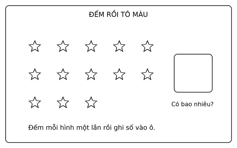 Tranh tô màu đếm số lượng đồ vật: đếm 13 ngôi sao và điền số lượng vào ô trống