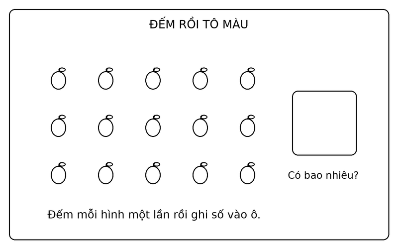 Tranh tô màu đếm số lượng đồ vật: đếm 15 quả táo và điền số lượng vào ô trống