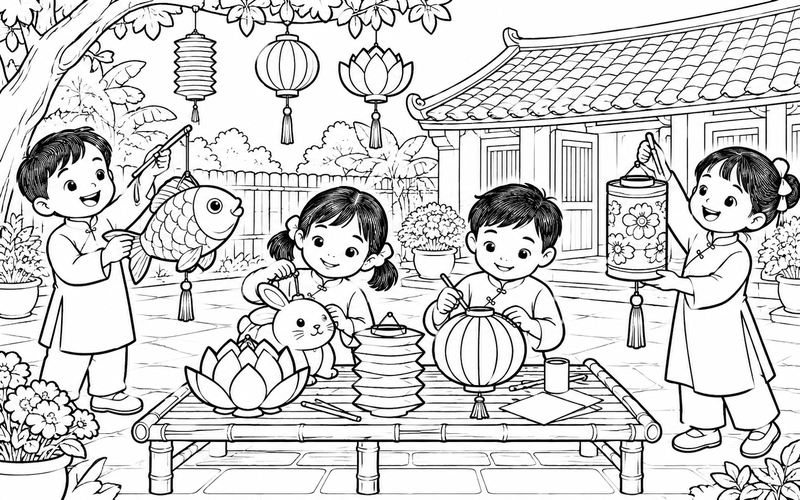 Tranh tô màu đèn lồng trung thu trong sân nhà đêm hội