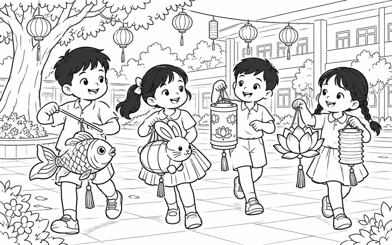 Tranh tô màu đèn lồng trung thu ở sân trường rực rỡ đèn treo