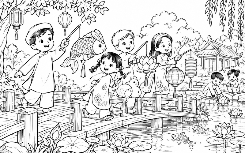 Tranh tô màu đèn lồng trung thu bên cầu gỗ và hồ nước