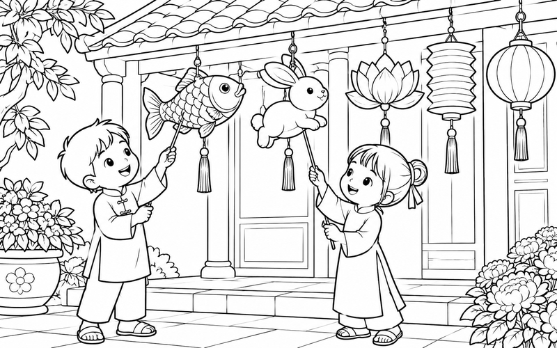 Tranh tô màu đèn lồng trung thu trước mái hiên nhà