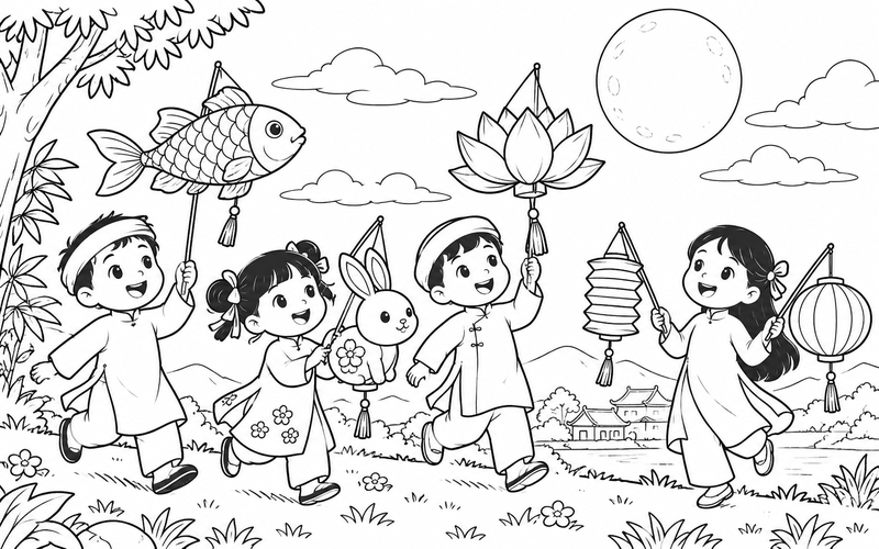Tranh tô màu đèn lồng trung thu trên đồi dưới vầng trăng