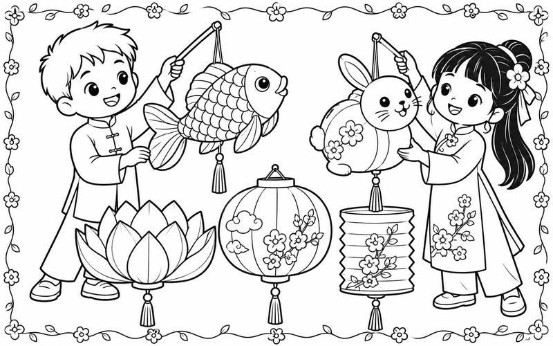 Tranh tô màu đèn lồng trung thu với những dáng đèn lớn dễ quan sát