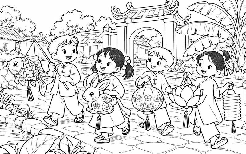 Tranh tô màu đèn lồng trung thu trước cổng làng và hàng chuối