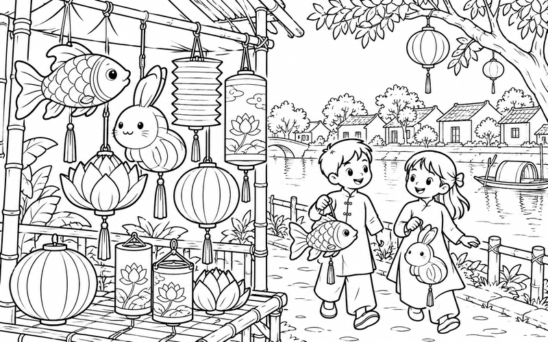 Tranh tô màu đèn lồng trung thu bên đường ven sông