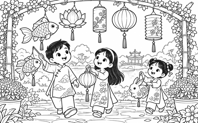 Tranh tô màu đèn lồng trung thu dưới cổng vòm vườn