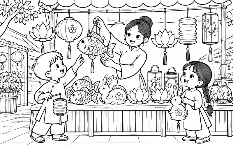Tranh tô màu đèn lồng trung thu ở quầy quà đêm hội