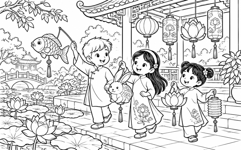 Tranh tô màu đèn lồng trung thu bên đình nghỉ và hồ sen