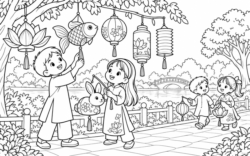 Tranh tô màu đèn lồng trung thu trên lối đi công viên