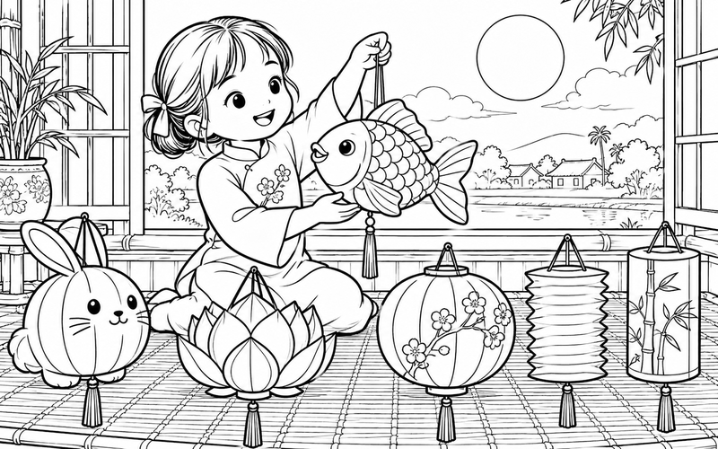 Tranh tô màu đèn lồng trung thu bên cửa sổ và chiếu nhỏ
