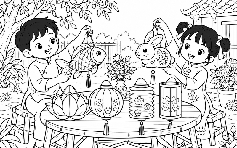 Tranh tô màu đèn lồng trung thu trên bàn tròn ngoài vườn
