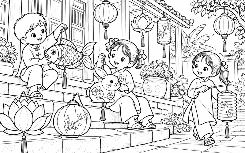 Tranh tô màu đèn lồng trung thu bên bậc thềm ngôi nhà