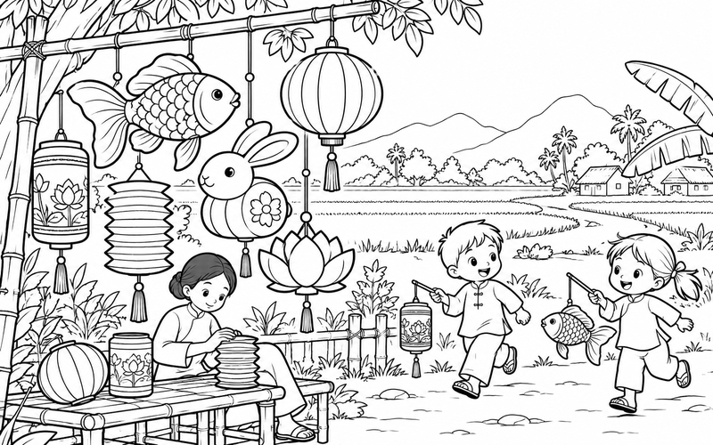 Tranh tô màu đèn lồng trung thu cạnh cánh đồng quê