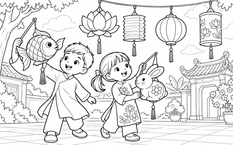 Tranh tô màu đèn lồng trung thu trong sân sinh hoạt chung