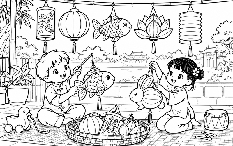 Tranh tô màu đèn lồng trung thu bên giỏ đồ chơi
