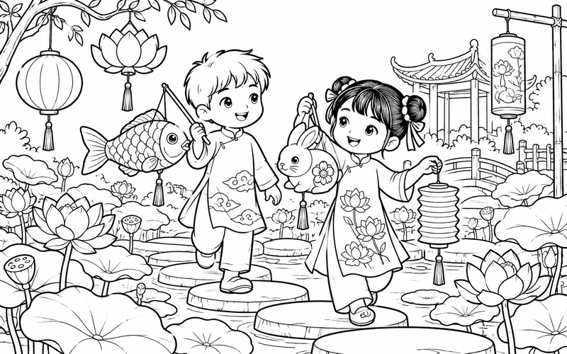 Tranh tô màu đèn lồng trung thu trong khu vườn có hoa sen