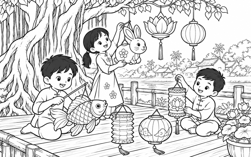 Tranh tô màu đèn lồng trung thu bên gốc đa và sàn gỗ