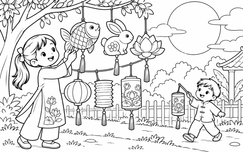 Tranh tô màu đèn lồng trung thu cạnh hàng rào dưới trăng