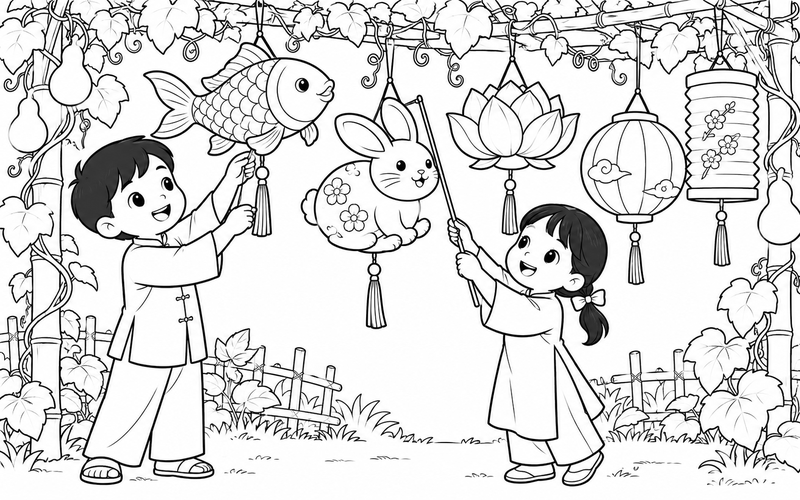 Tranh tô màu đèn lồng trung thu dưới giàn dây leo