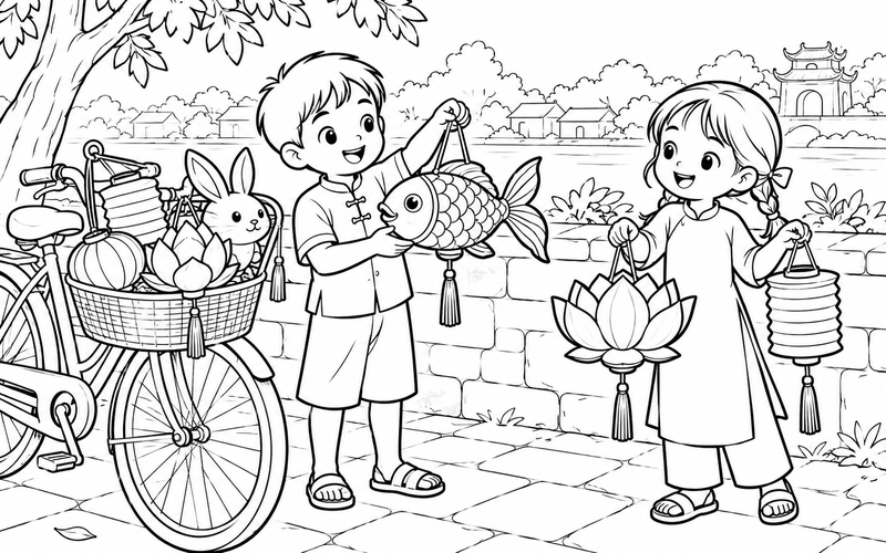 Tranh tô màu đèn lồng trung thu bên chiếc xe đạp