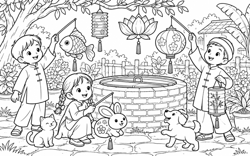 Tranh tô màu đèn lồng trung thu cạnh giếng gạch có nắp