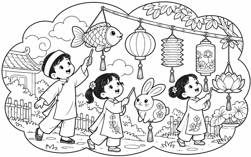 Tranh tô màu đèn lồng trung thu giữa khung mây tròn