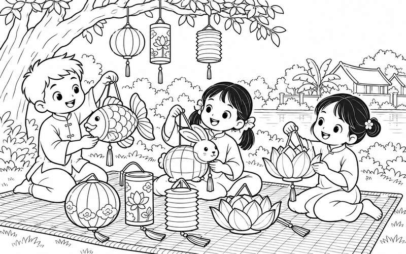 Tranh tô màu đèn lồng trung thu trên tấm chiếu dã ngoại