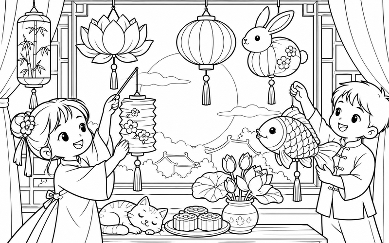 Tranh tô màu đèn lồng trung thu bên cửa sổ ngắm trăng