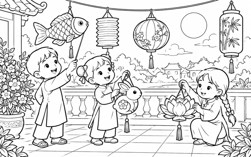 Tranh tô màu đèn lồng trung thu trên sân hiên có hoa