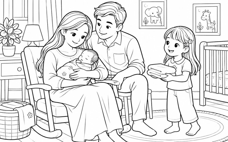 Tranh tô màu bố mẹ ngắm em bé sơ sinh ngủ trong vòng tay và anh chị bên cạnh