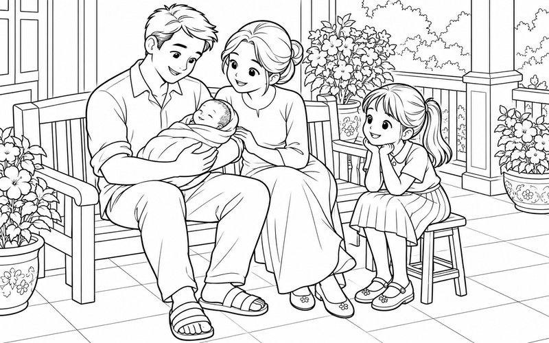 Tranh tô màu bố mẹ ngồi trên ghế ngoài hiên với em bé sơ sinh và anh chị bên cạnh